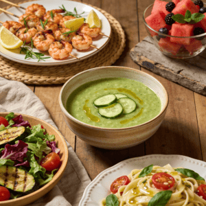 Cena ligera para el calor preparada con verduras frescas y productos del mercado