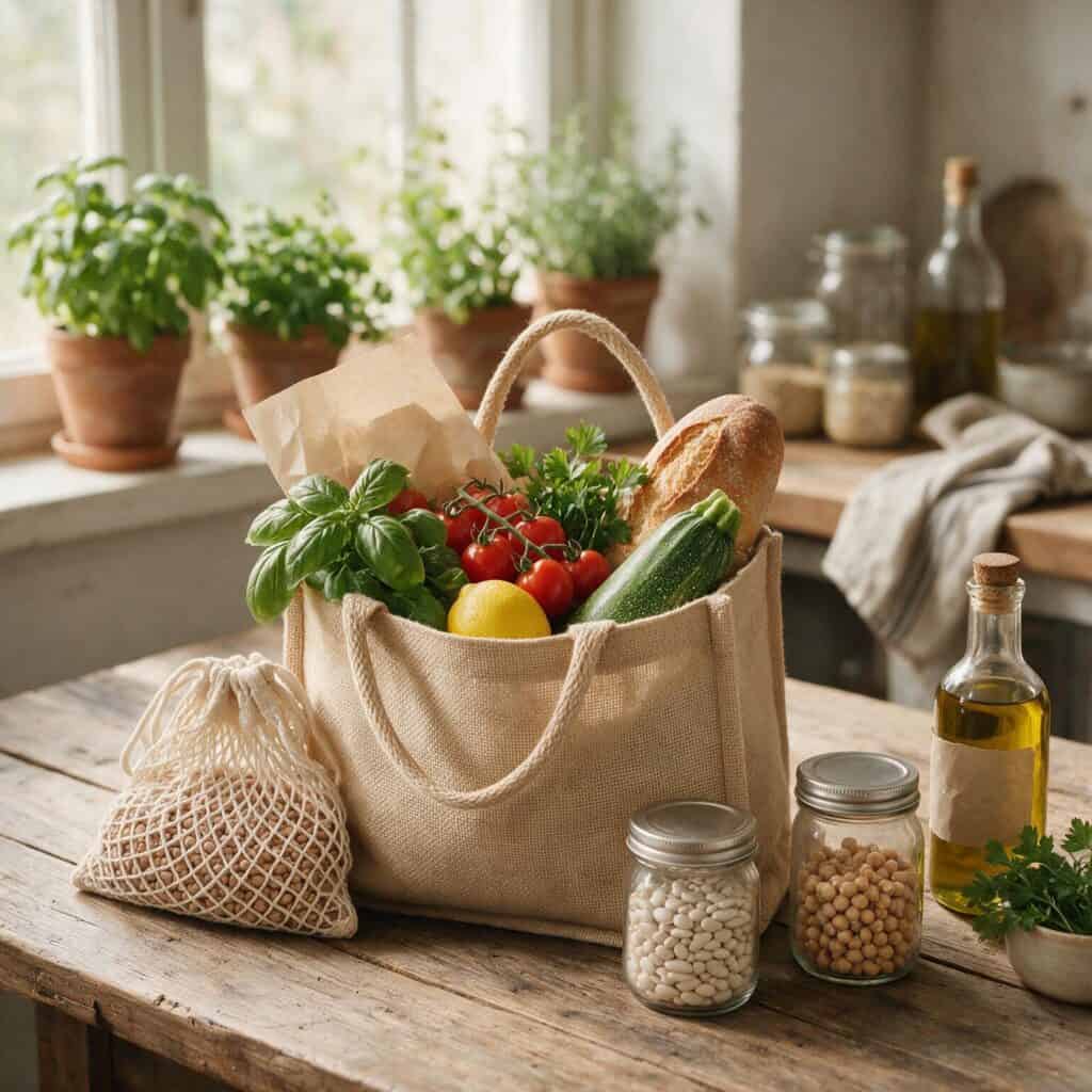 Compra semanal de verano con frutas, verduras y alimentos frescos en un puesto de mercado