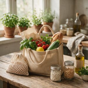 Compra semanal de verano con frutas, verduras y alimentos frescos en un puesto de mercado