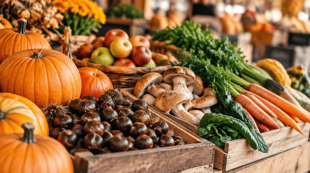 Frutas de octubre y verduras de temporada como granada, caqui, manzana, calabaza y puerro